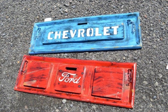 Metal Chevy and Ford tailgate art