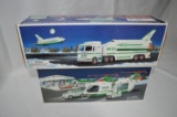Hess toy truck & space shuttle w/ satellite, Hess helicopter w/ motorcycle & cruiser, new in box(2pc