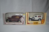 '32 Ford panel delivery bank, & '38 panel truck bank, die-cast metal, new in box (2pc)