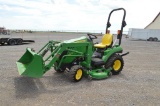 '16 JD 1023E w/ H120 loader, 166hrs, 54'' deck, 540 pto, 3pt w/ top link, 4wd, light package, diesel