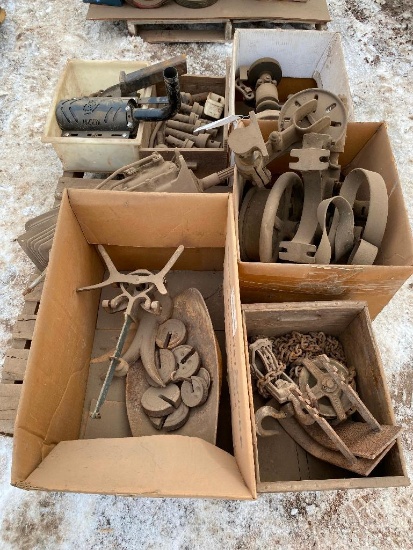 Pallet of antiques w/ dish scales, drill press & hoist