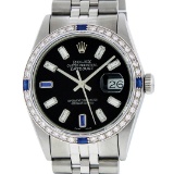 Rolex Mens SS Black Baguette Diamond And Sapphire Datejust Wristwatch