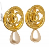 Chanel Gold CC Logo Faux Pearl Drop Clip On Earrings