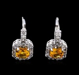 1.50 ctw Yellowish Orange Sapphire and Diamond Earrings - 14KT White Gold
