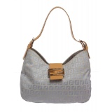 Fendi Blue Zucca Canvas Tan Leather Trim Shoulder Handbag
