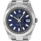 Rolex Mens SS 41MM Blue Baguette Diamond Datejust 2 Oyster Band Wristwatch