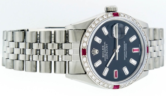 Rolex Mens SS Black Baguette Diamond And Ruby Datejust Wristwatch