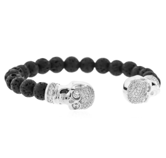 Cozmo Sterling Silver Cubic Zirconia Skull Cuff Bracelet