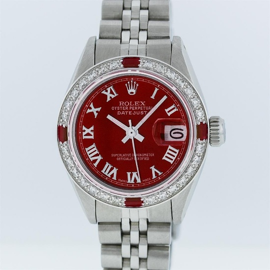 Rolex Stainless Steel Red Roman Diamond and Ruby DateJust Ladies Watch