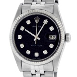 Rolex Mens Stainless Steel Black Diamond Datejust Wristwatch
