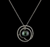 Pearl and Diamond Pendant With Chain - 14KT White Gold