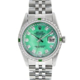 Rolex Mens SS Green MOP String Diamond & Emerald Datejust Wristwatch