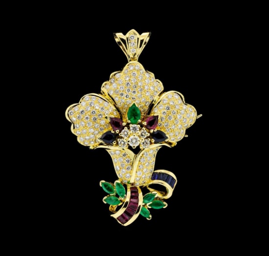 3.37 ctw Ruby, Emerald, Sapphire and Diamond Pendant-Pin - 18KT Yellow Gold