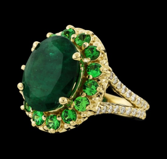 6.08 ctw Emerald, Tsavorite and Diamond Ring - 14KT Yellow Gold
