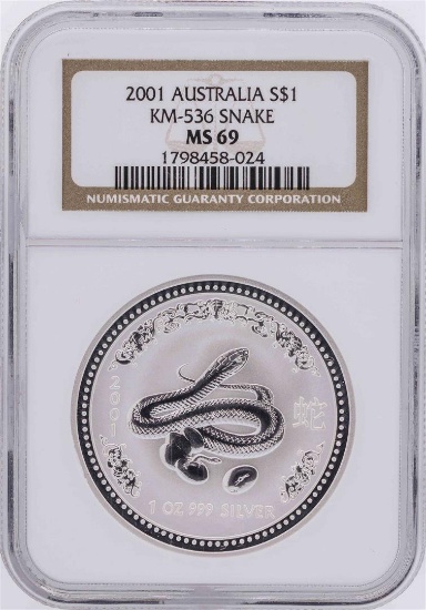 2001 $1 Australia Snake Silver Coin NGC MS69