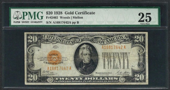 1928 $20 Gold Certificate Note Fr.2402 PMG Very Fine 25
