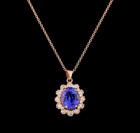 3.80 ctw Tanzanite and Diamond Pendant With Chain - 14KT Rose Gold