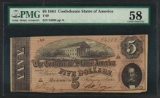 1864 $5 Confederate States of America Note T-69 PMG Choice About Uncirculated 58