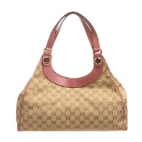 Gucci Beige Brown Monogram Canvas Pink Leather Trim Shoulder Handbag