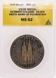 1928 Germany-Cologne Silver 680th Anniversary of Foundation Medal ANACS MS62