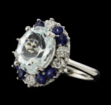 4.33 ctw Aquamarine, Sapphire and Diamond Ring - 14KT White Gold