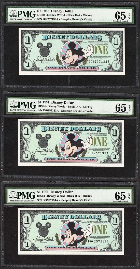 Lot of (3) Consecutive 1991 $1 Disney Dollars Notes PMG Gem Uncirculated 65EPQ