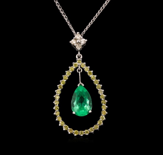 2.18 ctw Emerald and Diamond Pendant With Chain - 14KT White Gold