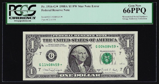 1988A $1 Federal Reserve STAR Note Mismatched Serial Number ERROR PCGS Gem New 6
