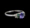 14KT White Gold 0.59 ctw Tanzanite, Emerald and Diamond Ring