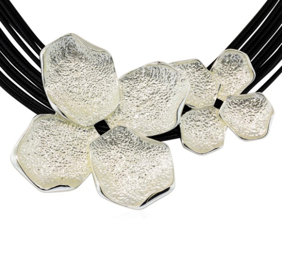 Petal Twin Pendant Multi Strand Necklace - Rhodium Plated