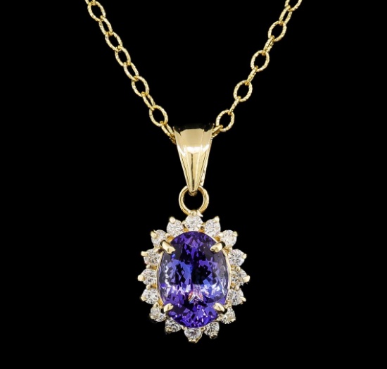 3.13 ctw Tanzanite and Diamond Pendant With Chain - 14KT Yellow Gold