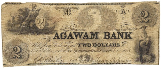 1863 $2 Agawam Bank, Springfield, MA Obsolete Bank Note