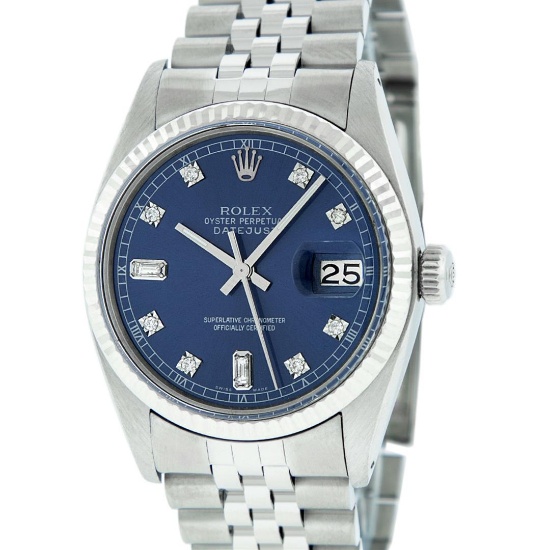 Rolex Mens Stainless Blue Diamond 36MM Datejust Wristwatch