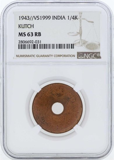 1943/VS1999 India 1/4 Kutch Coin NGC MS63RB