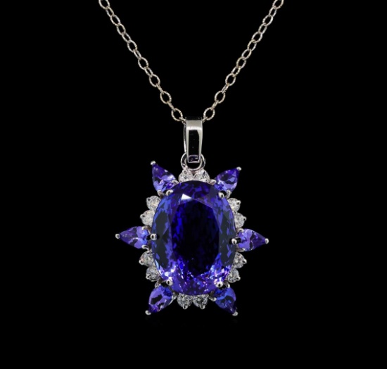 GIA Cert 28.43 ctw Tanzanite and Diamond Pendant With Chain - 14KT White Gold