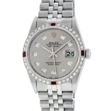 Rolex Mens Stainless Steel Gray Diamond & Ruby Datejust Wristwatch