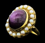 32.40 ctw Ruby and Pearl Ring - 14KT Yellow Gold
