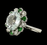 4.40 ctw Aquamarine, Tsavorite and Diamond Ring - 14KT White Gold