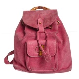Gucci Vintage Pink Suede Leather Bamboo Backpack