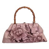 Gucci Pink Brown Leather Floral Bamboo Tote Bag