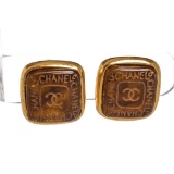 Chanel Gold Glass Stamp Seal CC Square Clip On Earrings 99A