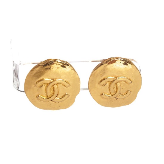 Chanel Gold Hammered CC Disk Clip On Vintage Earrings