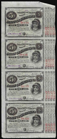 Uncut Sheet of (4) State of Louisiana Baby Bond Obsolete Notes