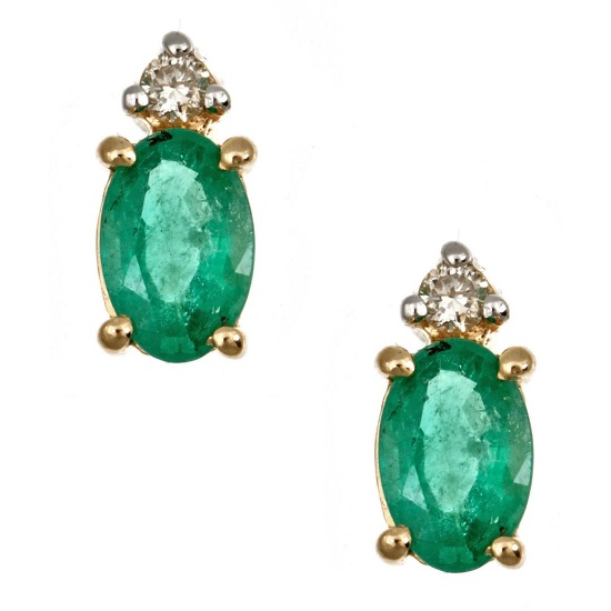 0.9 ctw Emerald and Diamond Earrings - 14KT Yellow and White Gold