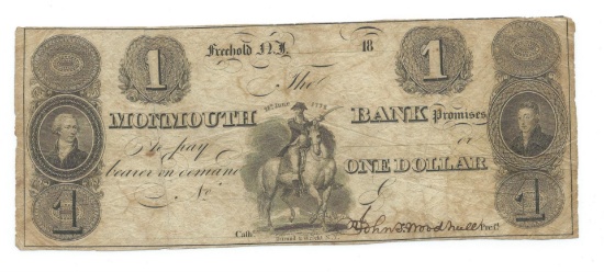 1800's $1 Monmouth Bank, Freehold NJ Obsolete Bank Note