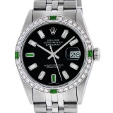 Rolex Mens Stainless Steel Black Baguette Diamond 36MM Datejust Wristwatch