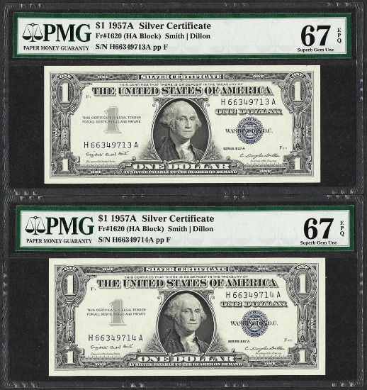 Lot of (2) Consecutive 1957A $1 Silver Certificate Notes PMG Superb Gem Unc 67EP