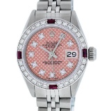 Rolex Ladies Stainless Steel Salmon Stamp Diamond & Ruby Datejust Wristwatch