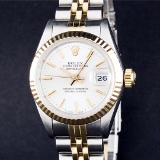 Rolex Ladies 2 Tone 14K White Index Datejust Wristwatch With Rolex Box