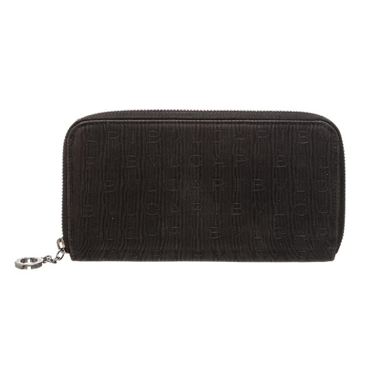 Bvlgari Black Fabric Leather Logo Zipper Wallet